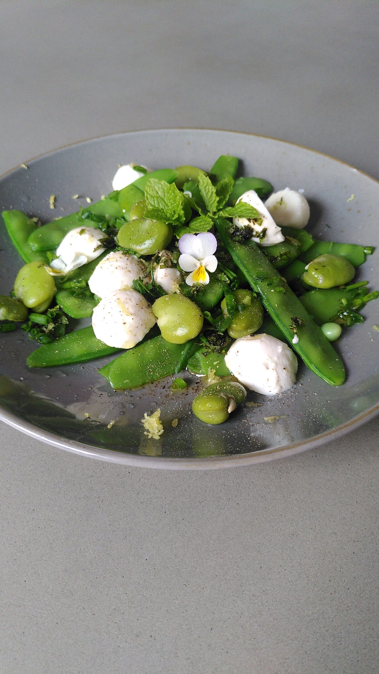 Rezept Zuckerschoten Puffbohnen Salat mit Mozzarella, Minze und Zitronenabrieb