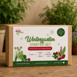 Wintergarten Starter-Set von Dachgemüse mit 8 Sorten samenfestem Bio-Saatgut für den Anbau von Wintergemüse auf Balkon, Hochbeet und im Garten.