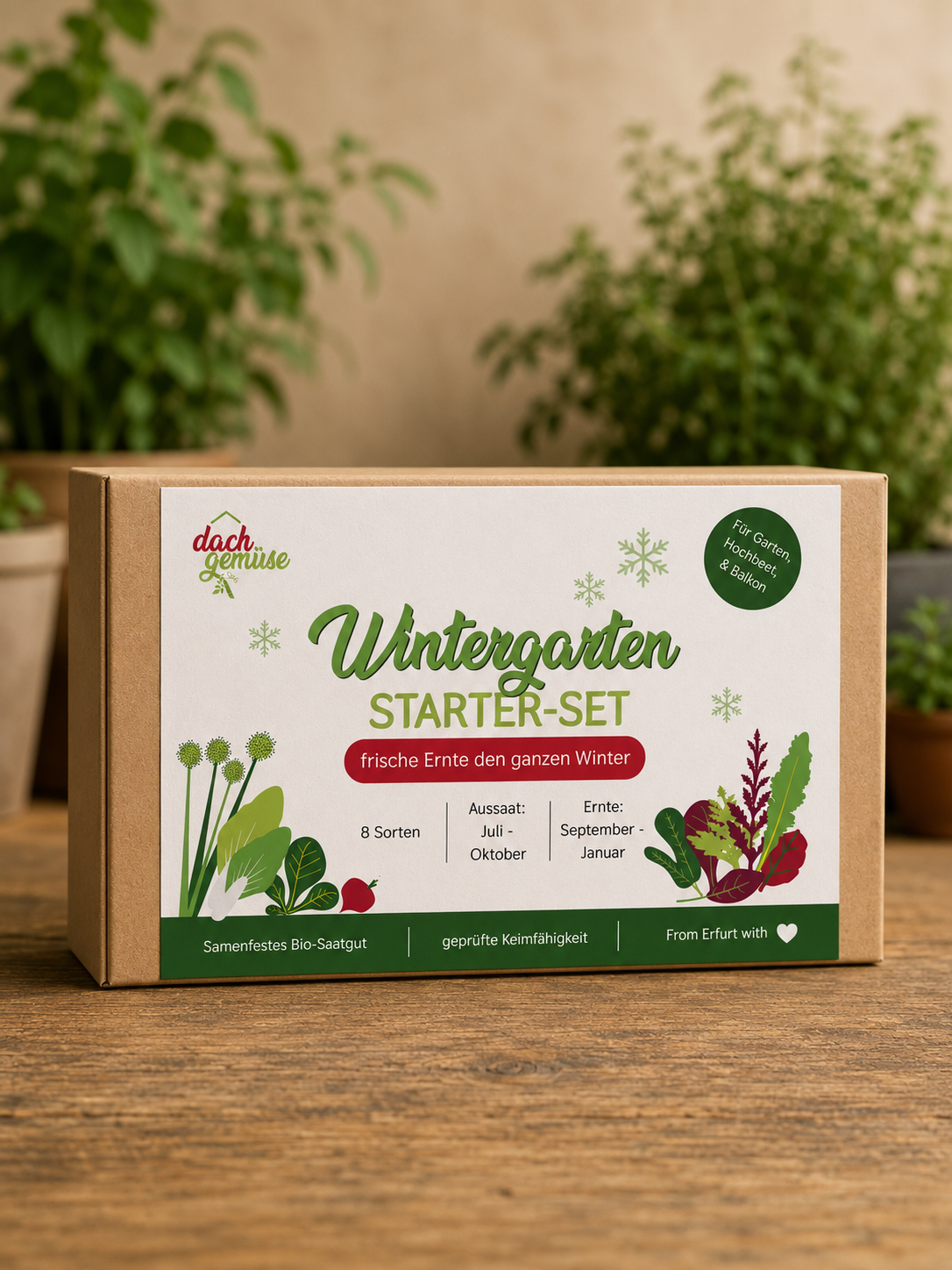 Wintergarten Starter-Set von Dachgemüse mit 8 Sorten samenfestem Bio-Saatgut für den Anbau von Wintergemüse auf Balkon, Hochbeet und im Garten.