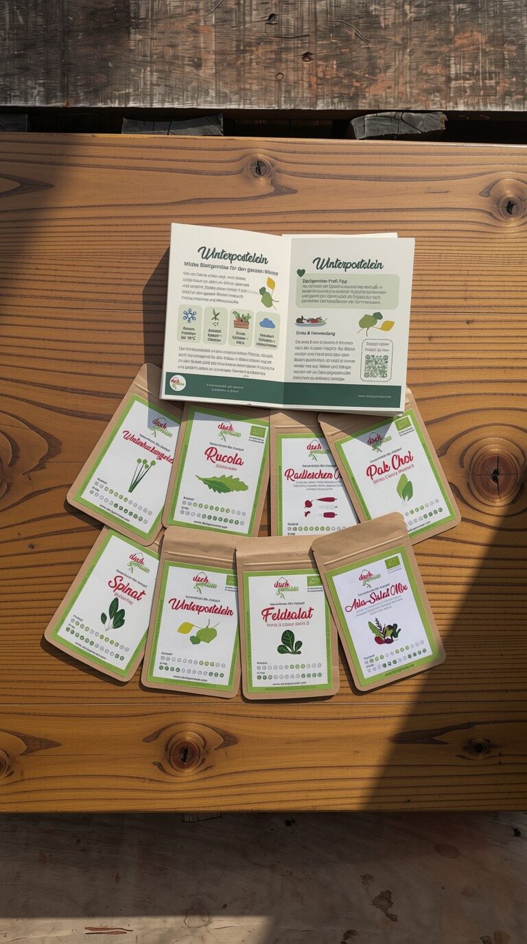 Geöffnetes Begleitheft und acht Bio-Saatguttüten aus dem Wintergarten Starter-Set von Dachgemüse für den Anbau von Wintergemüse.